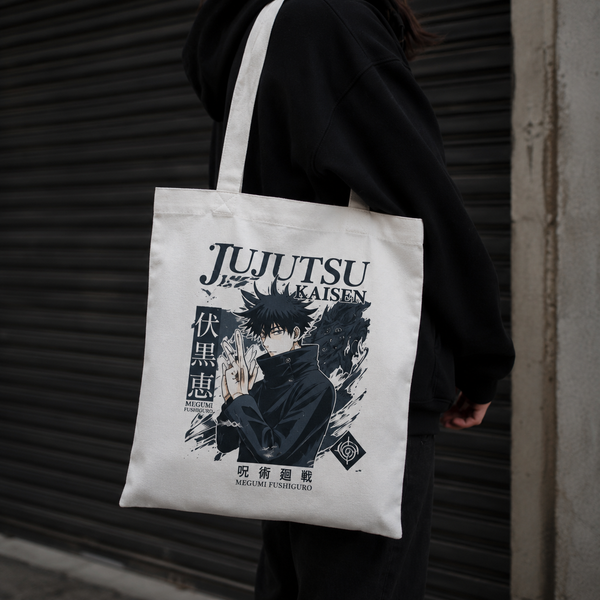 White tote bag with Megumi Fushiguro Jujutsu Kaisen Megumi Shadow Technique graphic – photo 2
