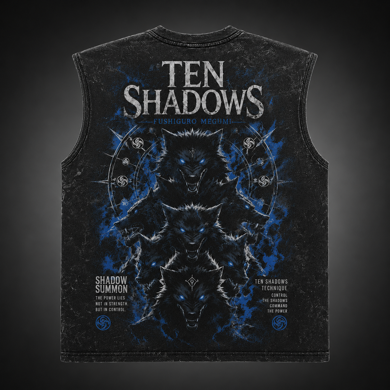 Washed black tank top with Megumi Fushiguro Jujutsu Kaisen Ten Shadows Summon graphic – photo 1