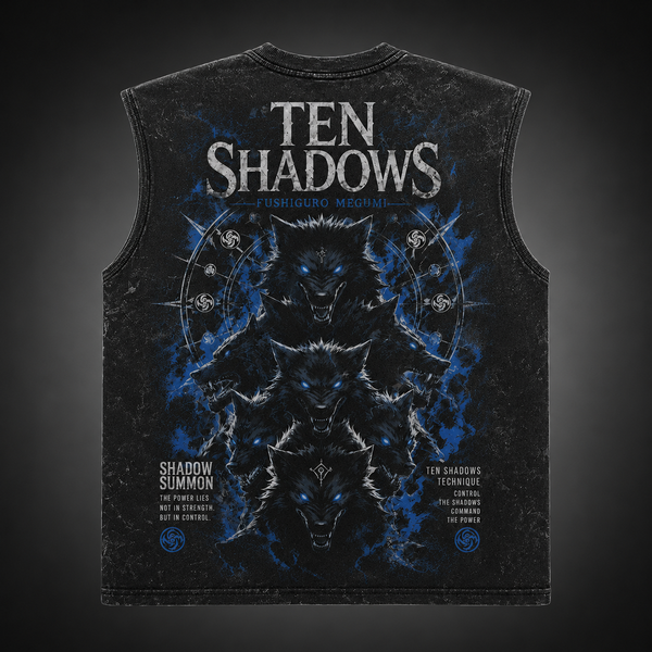 Washed black tank top with Megumi Fushiguro Jujutsu Kaisen Ten Shadows Summon graphic – photo 1