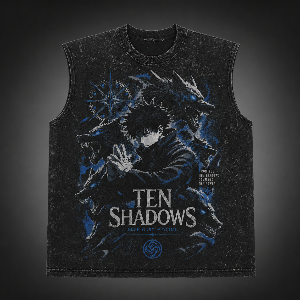 Washed black tank top with Megumi Fushiguro Jujutsu Kaisen Ten Shadows Summon graphic – photo 2