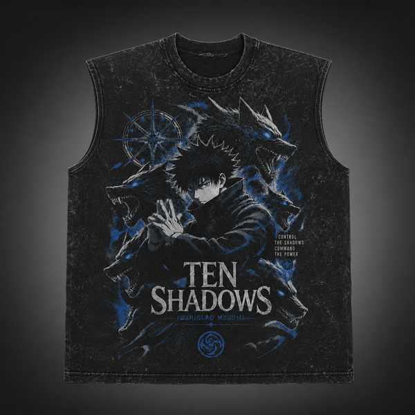 Washed black tank top with Megumi Fushiguro Jujutsu Kaisen Ten Shadows Summon graphic – photo 2