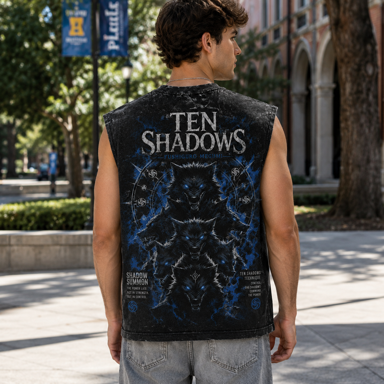 Washed black tank top with Megumi Fushiguro Jujutsu Kaisen Ten Shadows Summon graphic – photo 3