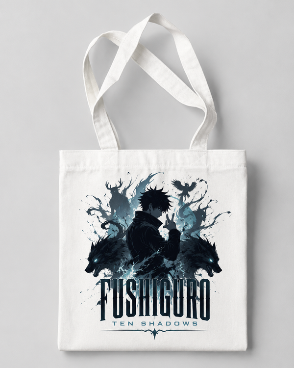 White tote bag with Megumi Fushiguro Jujutsu Kaisen Ten Shadows Summon graphic – photo 1