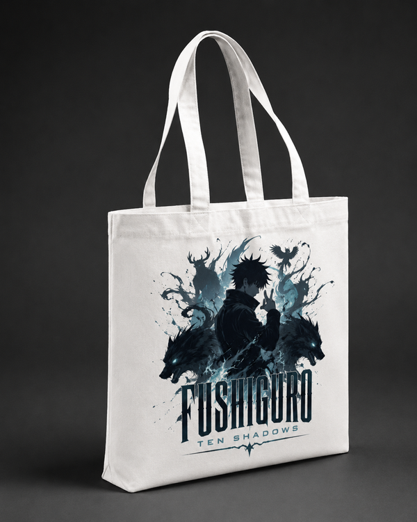 White tote bag with Megumi Fushiguro Jujutsu Kaisen Ten Shadows Summon graphic – photo 2