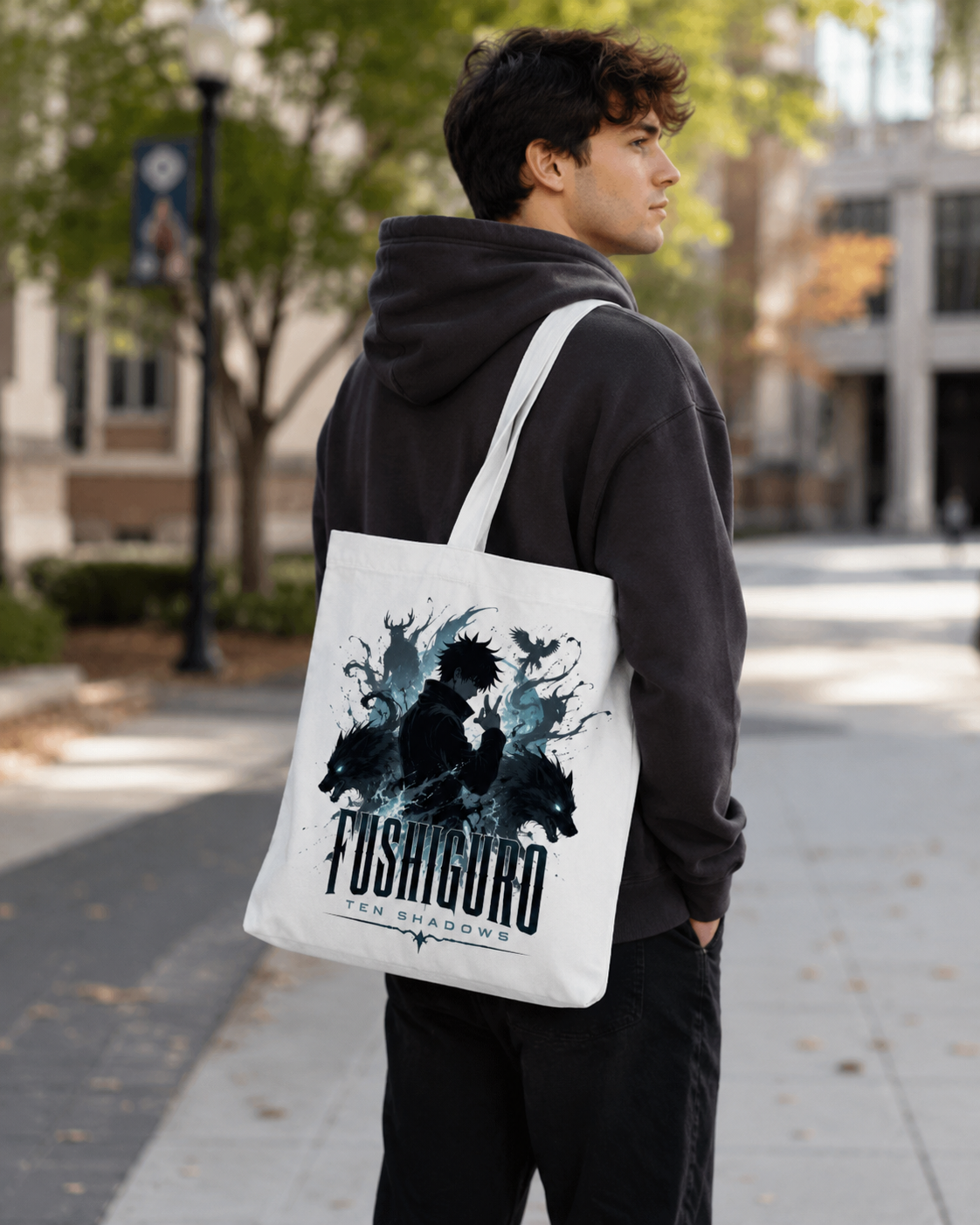 White tote bag with Megumi Fushiguro Jujutsu Kaisen Ten Shadows Summon graphic – photo 3