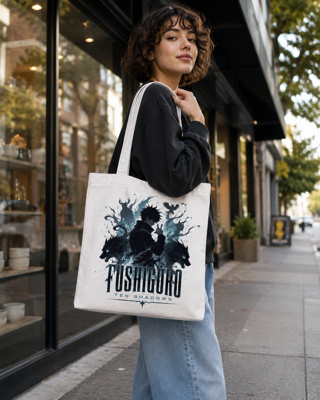 White tote bag with Megumi Fushiguro Jujutsu Kaisen Ten Shadows Summon graphic – photo 4