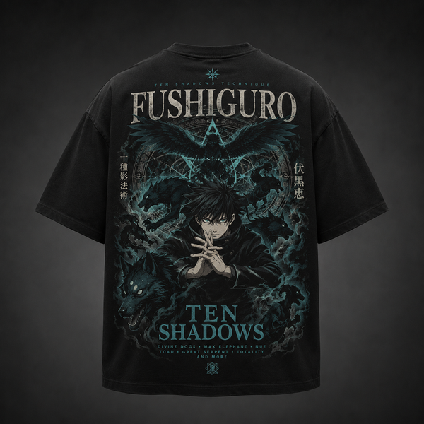 Black t-shirt with Megumi Fushiguro Jujutsu Kaisen Ten Shadows Technique graphic – photo 1