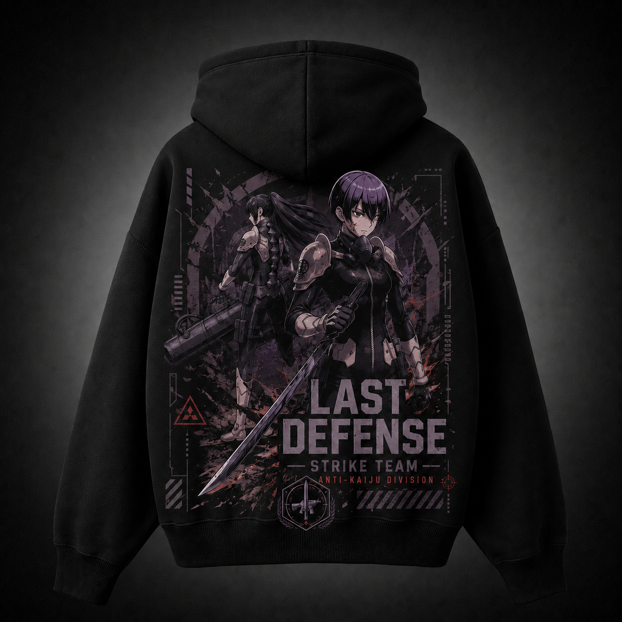 Black hoodie with Mina Ashiro & Reno Ichikawa Kaiju No. 8 Last Defense graphic – photo 1