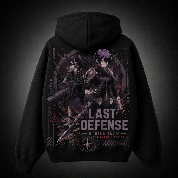 Black hoodie with Mina Ashiro & Reno Ichikawa Kaiju No. 8 Last Defense graphic – photo 1