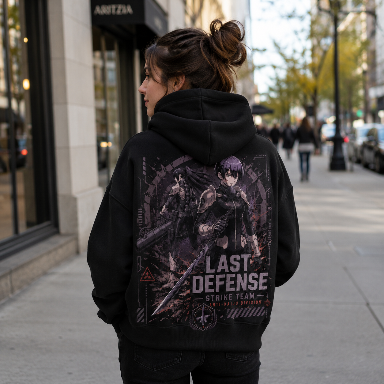 Black hoodie with Mina Ashiro & Reno Ichikawa Kaiju No. 8 Last Defense graphic – photo 3