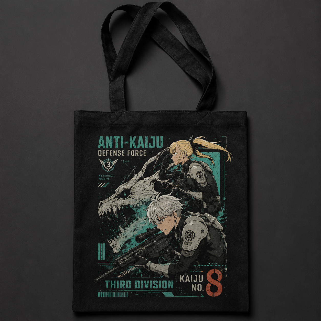 Black tote bag with Mina Ashiro & Soshiro Hoshina Kaiju No. 8 Third Division Duo graphic – photo 1