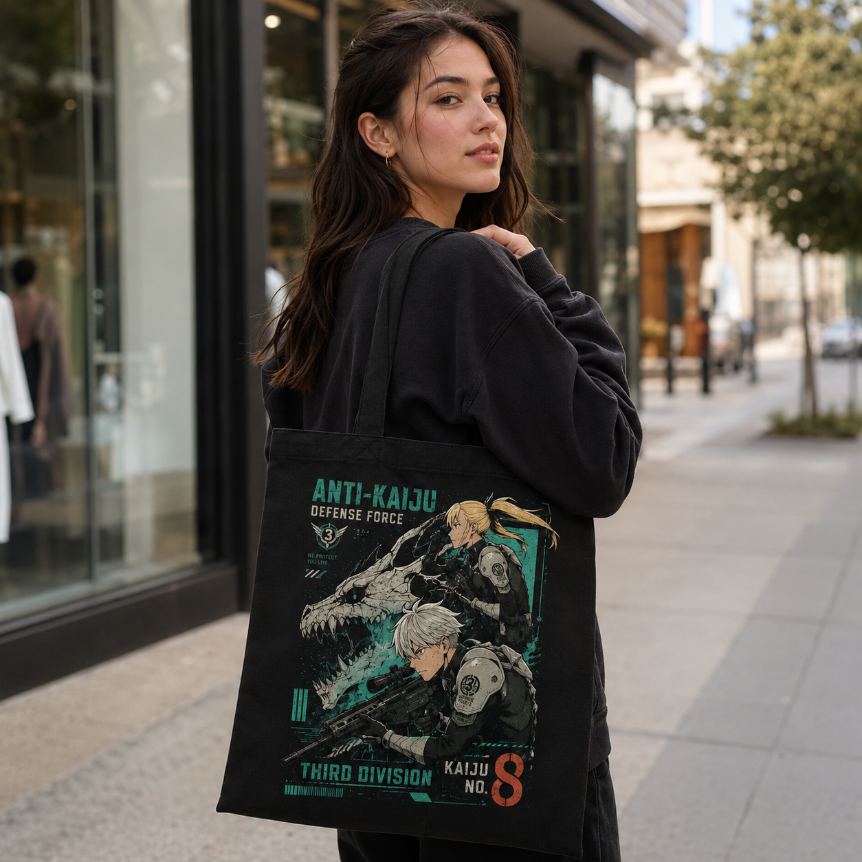 Black tote bag with Mina Ashiro & Soshiro Hoshina Kaiju No. 8 Third Division Duo graphic – photo 3