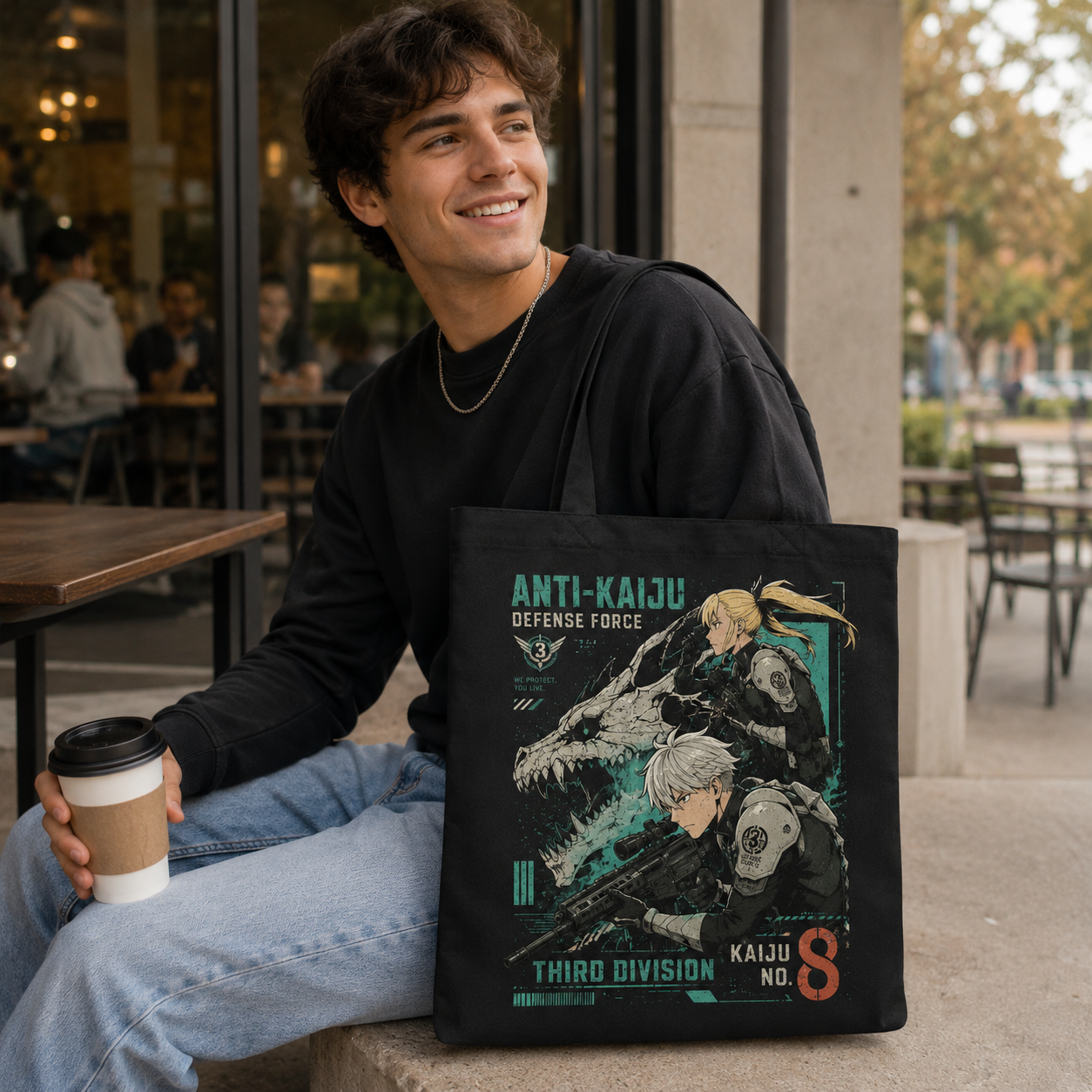 Black tote bag with Mina Ashiro & Soshiro Hoshina Kaiju No. 8 Third Division Duo graphic – photo 4