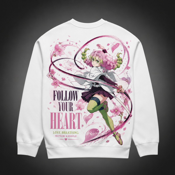White sweatshirt with Mitsuri Kanroji Demon Slayer Love Breathing Bloom graphic – photo 1