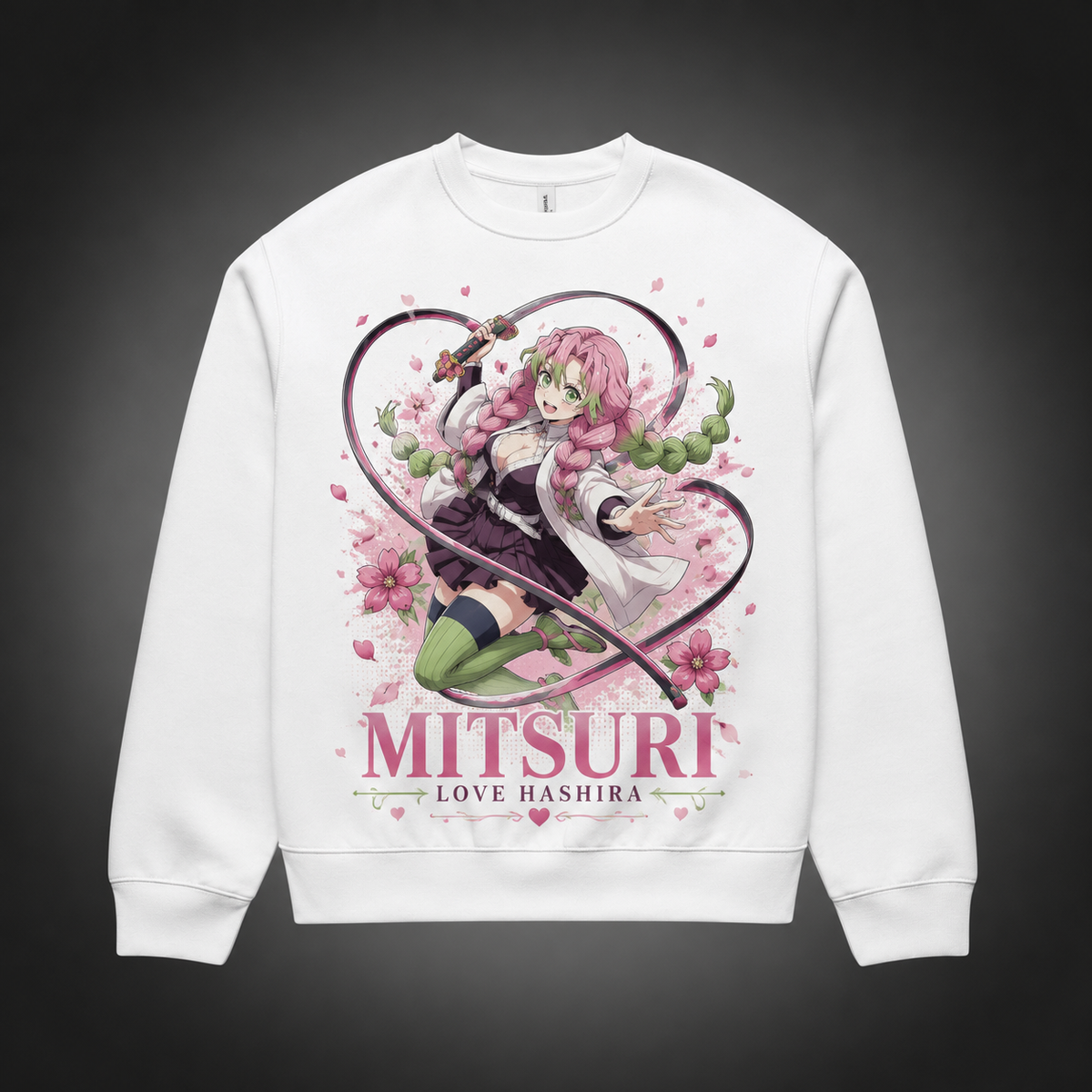 White sweatshirt with Mitsuri Kanroji Demon Slayer Love Breathing Bloom graphic – photo 2
