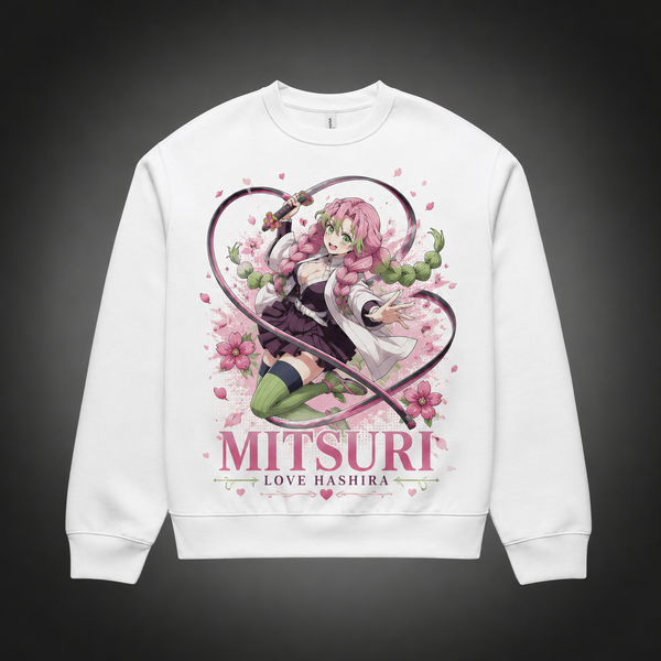 White sweatshirt with Mitsuri Kanroji Demon Slayer Love Breathing Bloom graphic – photo 2