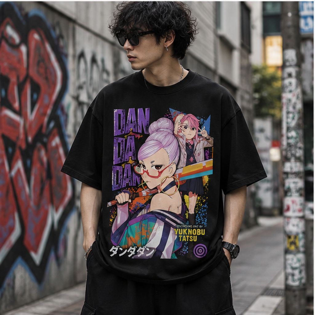 Washed black t-shirt with Momo Ayase Dandadan Change The World graphic – photo 4