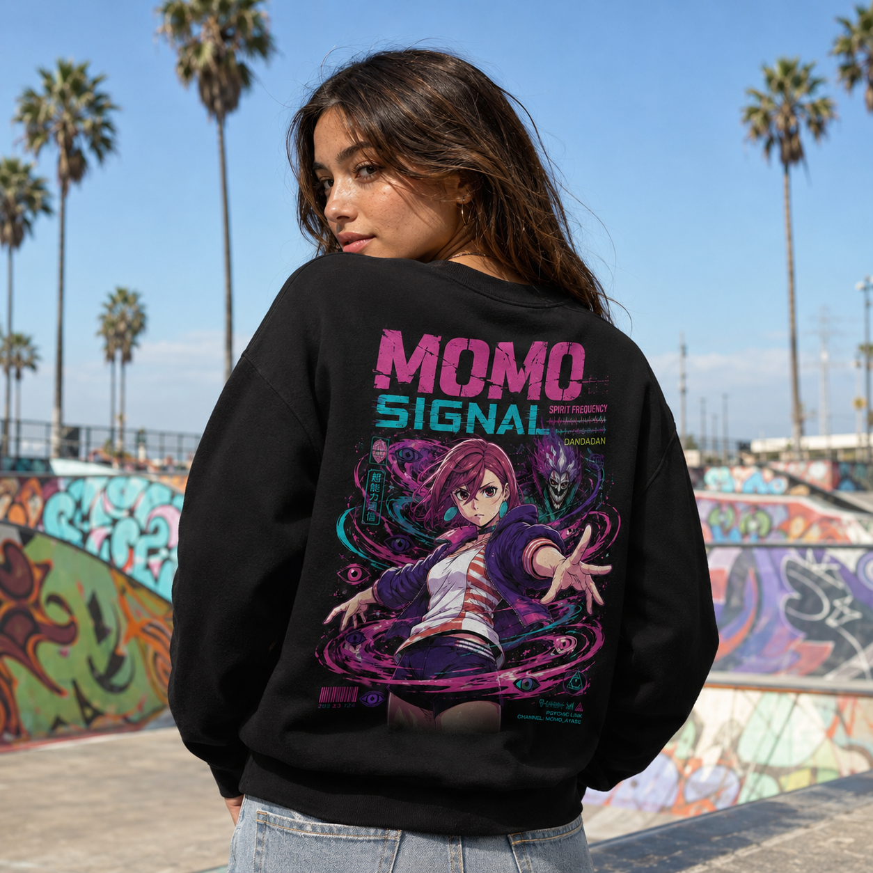 Black sweatshirt with Momo Ayase Dandadan Momo Signal graphic – photo 3