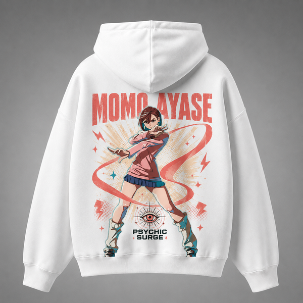 White hoodie with Momo Ayase Dandadan Psychic Surge graphic – photo 1