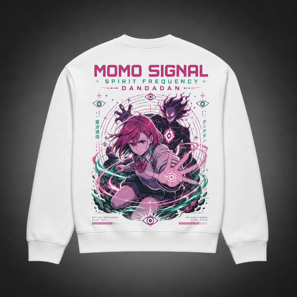 White sweatshirt with Momo Ayase Dandadan Spirit Frequency graphic – photo 1