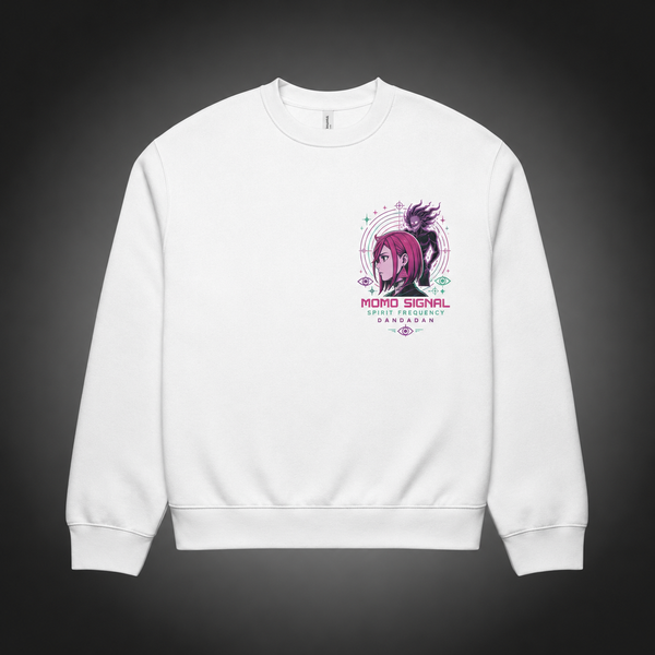 White sweatshirt with Momo Ayase Dandadan Spirit Frequency graphic – photo 2