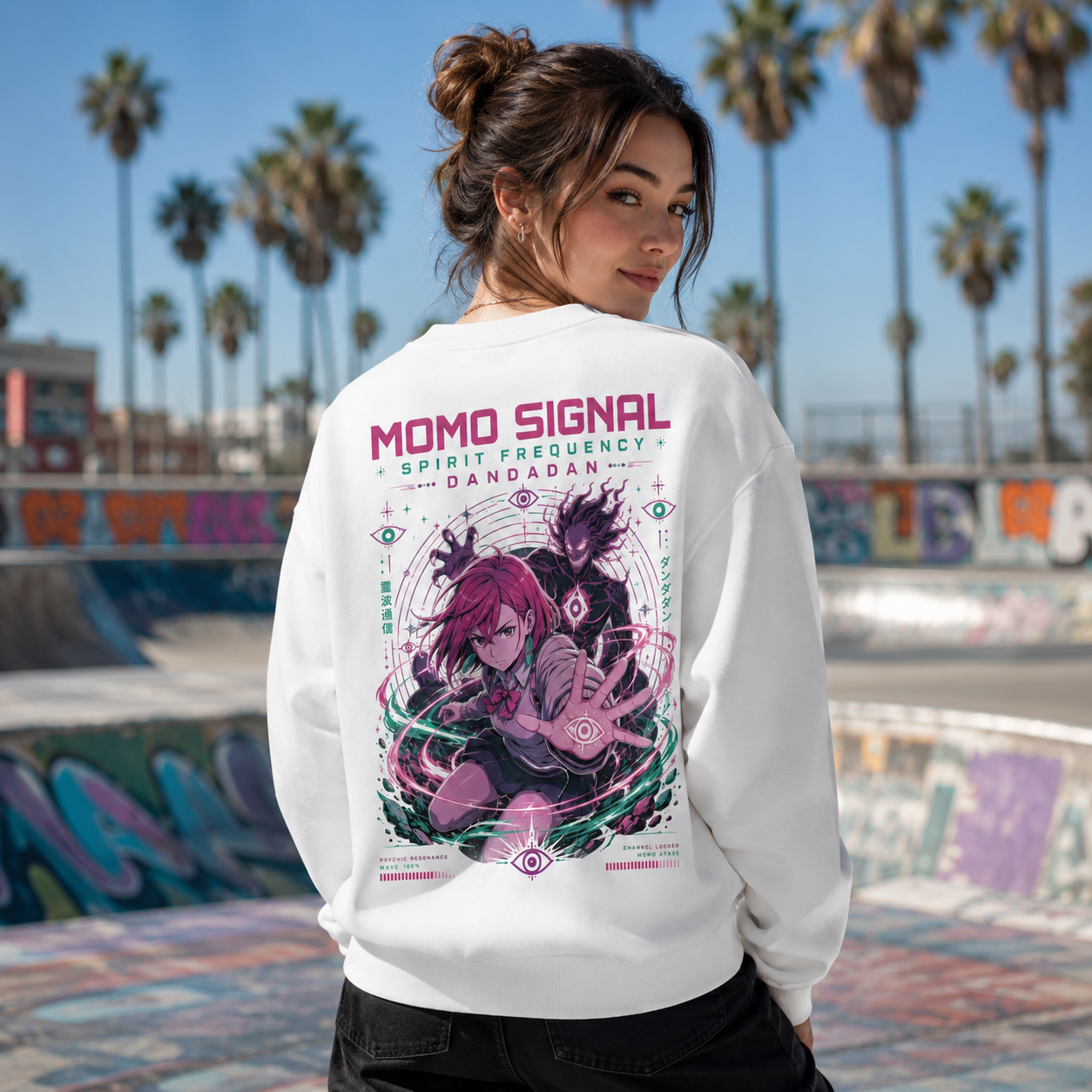 White sweatshirt with Momo Ayase Dandadan Spirit Frequency graphic – photo 3