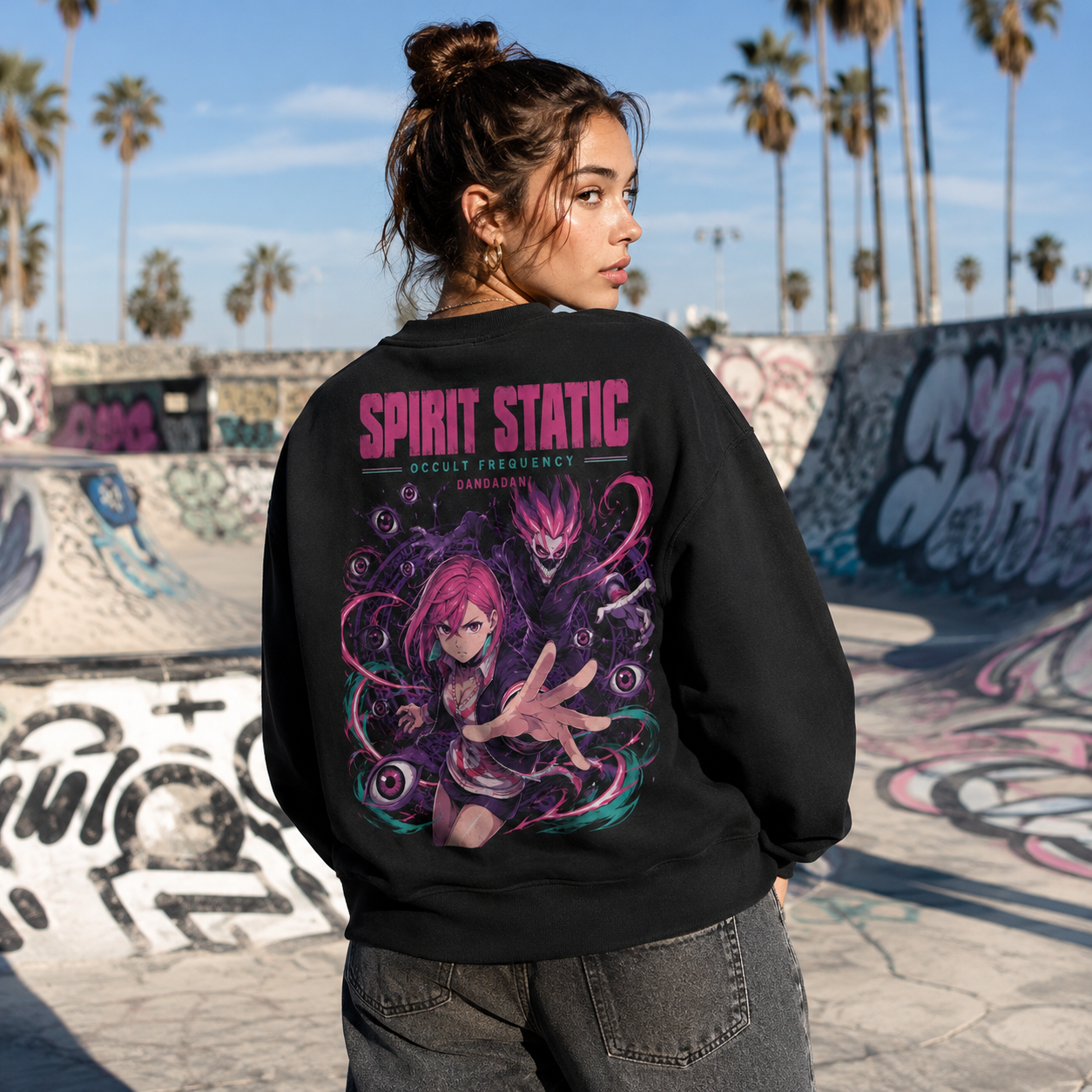 Black sweatshirt with Momo Ayase Dandadan Spirit Static graphic – photo 3