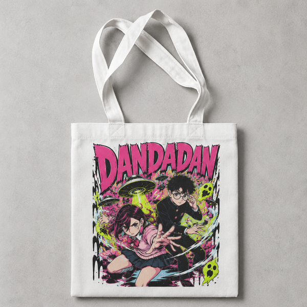 White tote bag with Momo Ayase & Ken Takakura Dandadan Alien Encounter graphic – photo 1