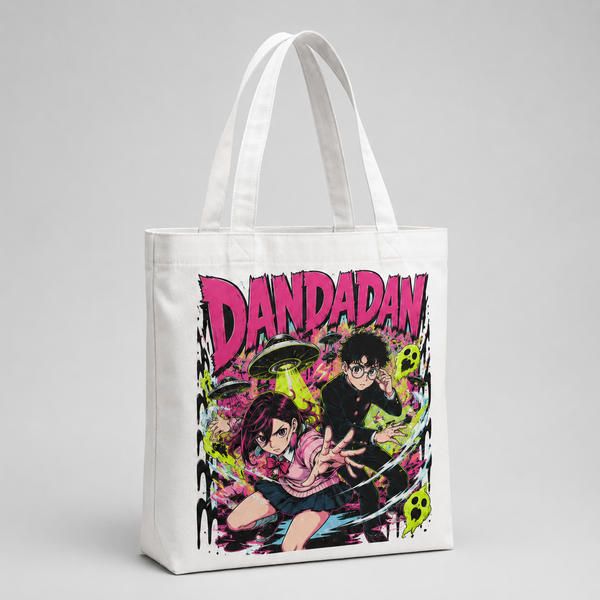 White tote bag with Momo Ayase & Ken Takakura Dandadan Alien Encounter graphic – photo 2
