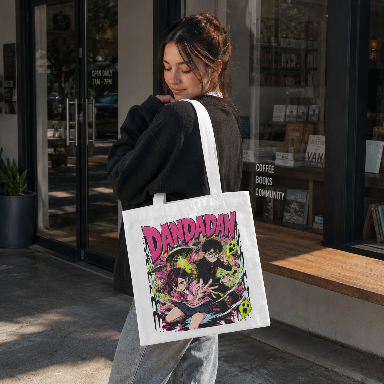 White tote bag with Momo Ayase & Ken Takakura Dandadan Alien Encounter graphic – photo 4