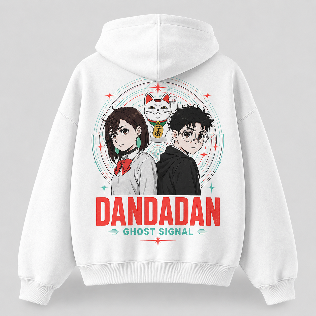 White hoodie with Momo Ayase & Ken Takakura Dandadan Ghost Signal graphic – photo 1
