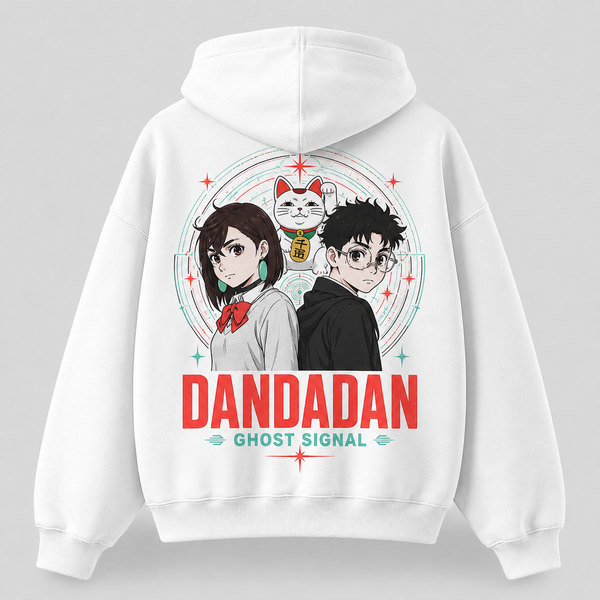 White hoodie with Momo Ayase & Ken Takakura Dandadan Ghost Signal graphic – photo 1
