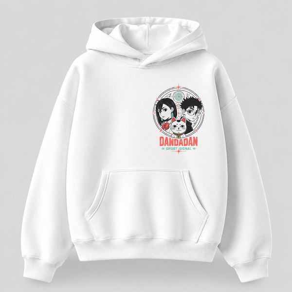 White hoodie with Momo Ayase & Ken Takakura Dandadan Ghost Signal graphic – photo 2