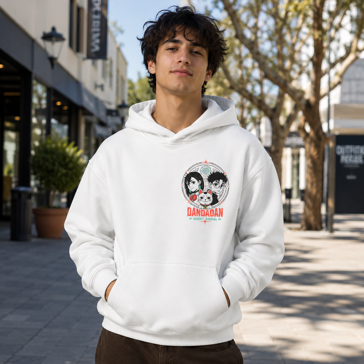 White hoodie with Momo Ayase & Ken Takakura Dandadan Ghost Signal graphic – photo 4