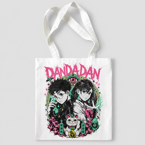 White tote bag with Momo Ayase & Ken Takakura Dandadan Occult Duo graphic – photo 1