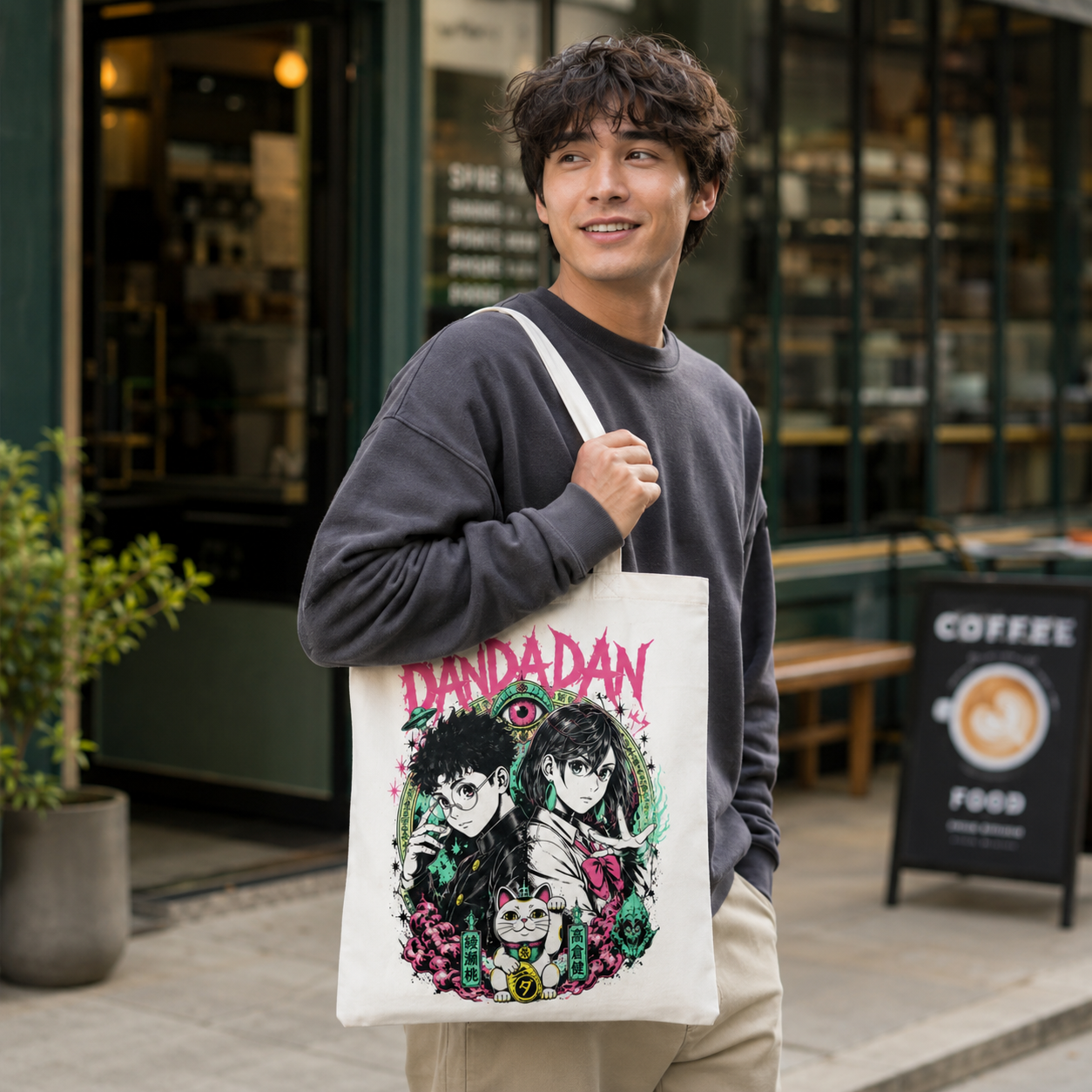 White tote bag with Momo Ayase & Ken Takakura Dandadan Occult Duo graphic – photo 4