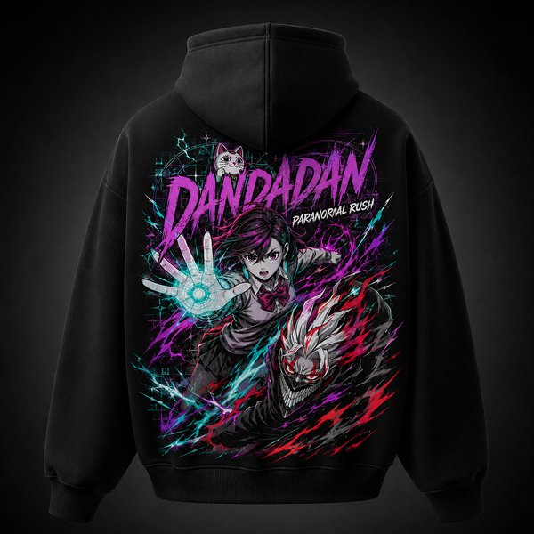 Black hoodie with Momo Ayase & Ken Takakura Dandadan Paranormal Rush graphic – photo 1