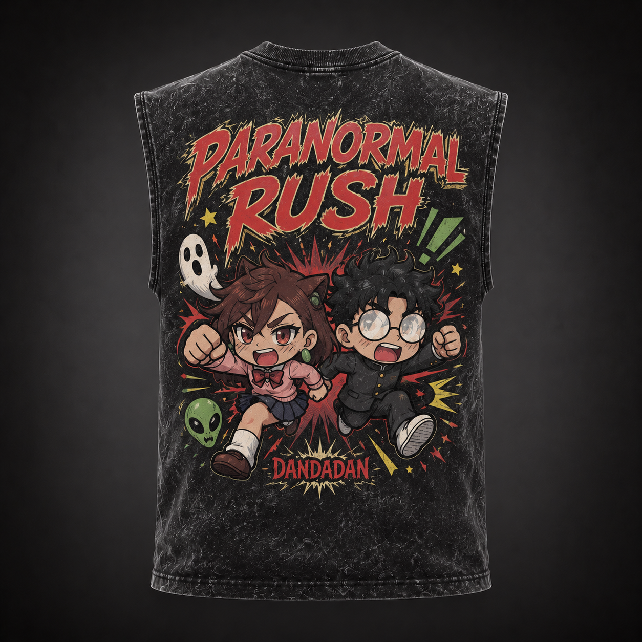 Washed black tank top with Momo Ayase & Ken Takakura Dandadan Paranormal Rush graphic – photo 1
