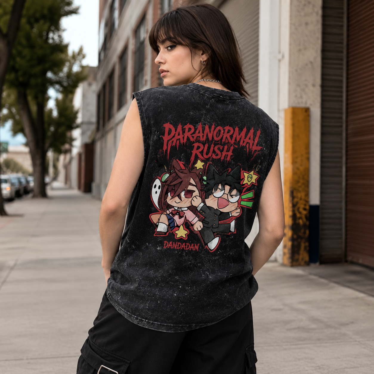 Washed black tank top with Momo Ayase & Ken Takakura Dandadan Paranormal Rush graphic – photo 3