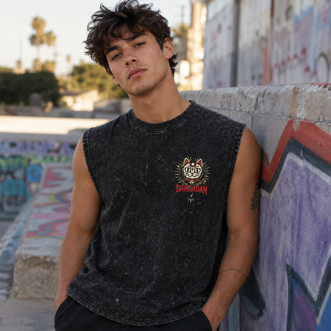 Washed black tank top with Momo Ayase & Ken Takakura Dandadan Paranormal Rush graphic – photo 4