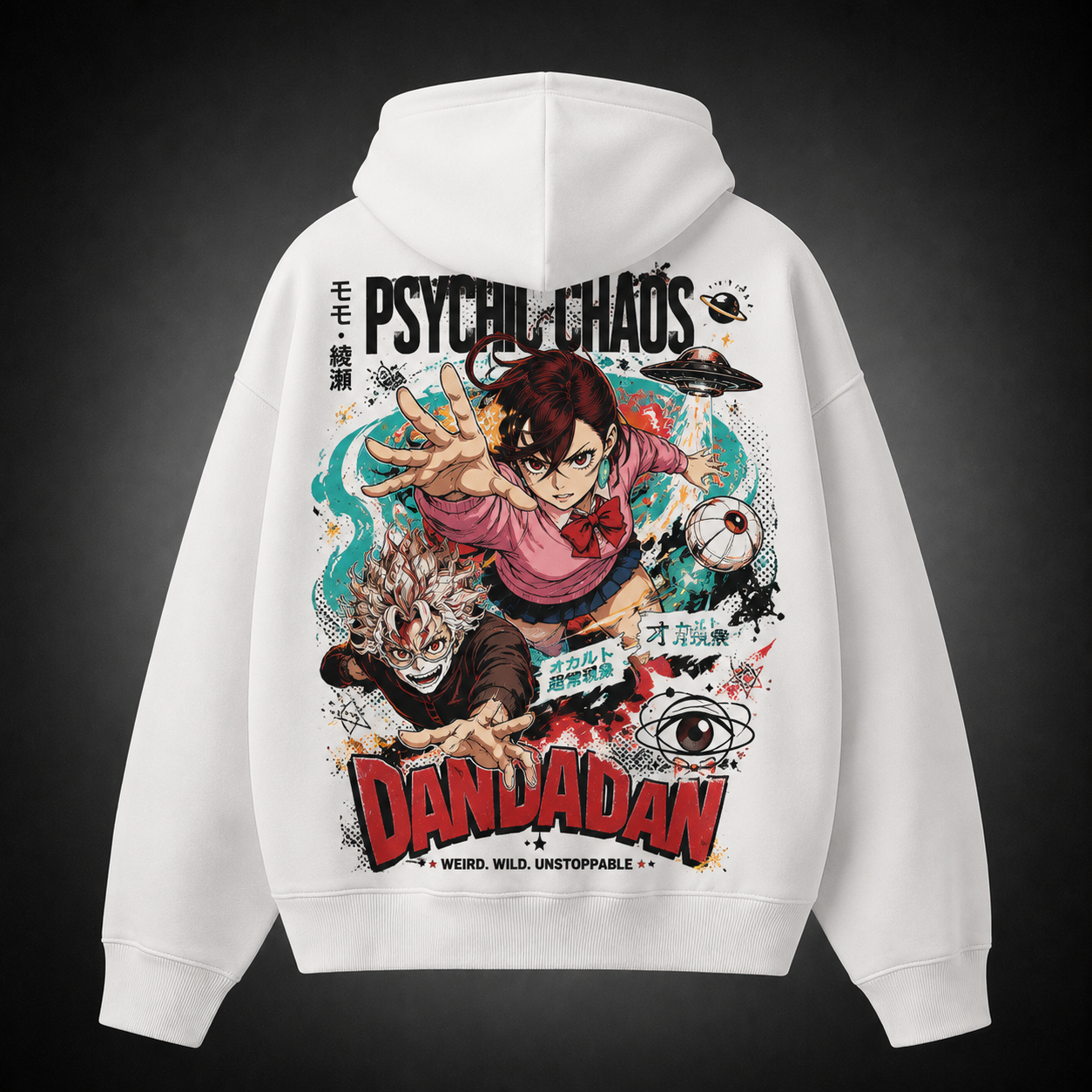 White hoodie with Momo Ayase & Ken Takakura Dandadan Psychic Chaos graphic – photo 1