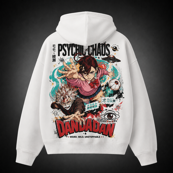 White hoodie with Momo Ayase & Ken Takakura Dandadan Psychic Chaos graphic – photo 1