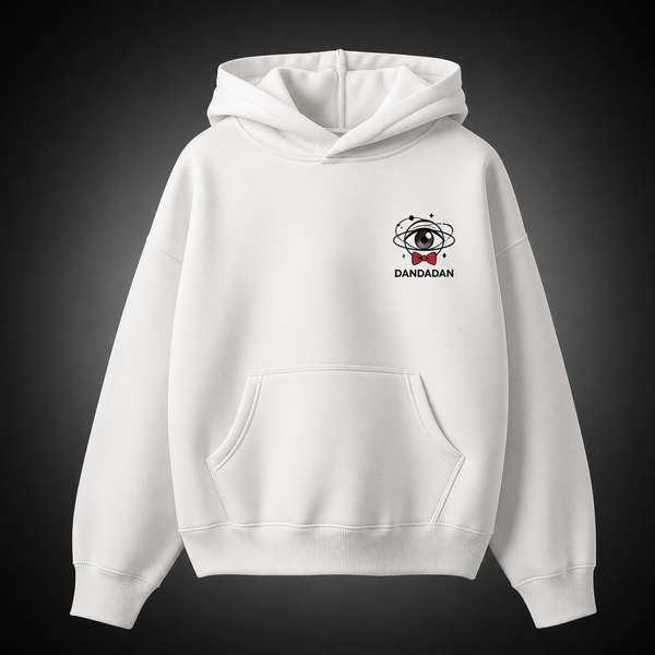 White hoodie with Momo Ayase & Ken Takakura Dandadan Psychic Chaos graphic – photo 2
