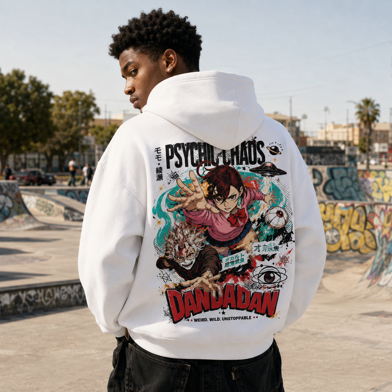 White hoodie with Momo Ayase & Ken Takakura Dandadan Psychic Chaos graphic – photo 3