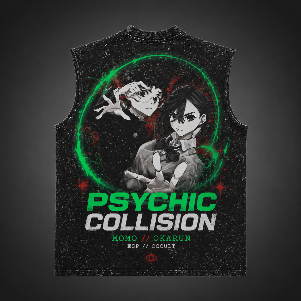 Washed black tank top with Momo Ayase & Ken Takakura Dandadan Psychic Collision graphic – photo 1