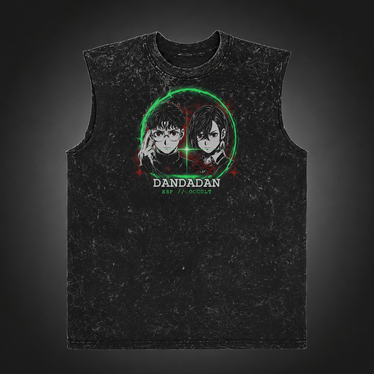Washed black tank top with Momo Ayase & Ken Takakura Dandadan Psychic Collision graphic – photo 2