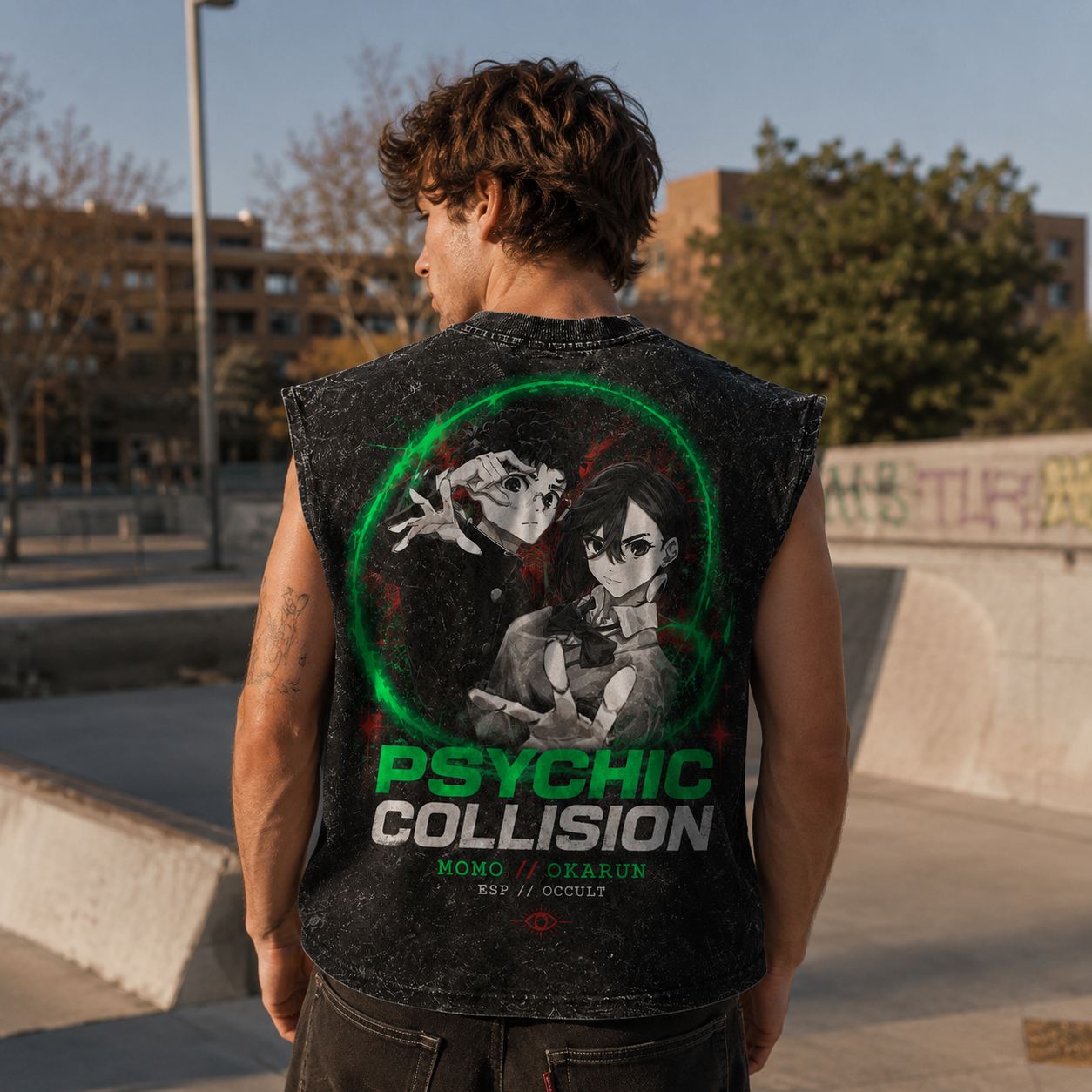 Washed black tank top with Momo Ayase & Ken Takakura Dandadan Psychic Collision graphic – photo 3