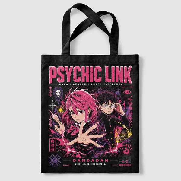 Black tote bag with Momo Ayase & Ken Takakura Dandadan Psychic Link graphic – photo 1
