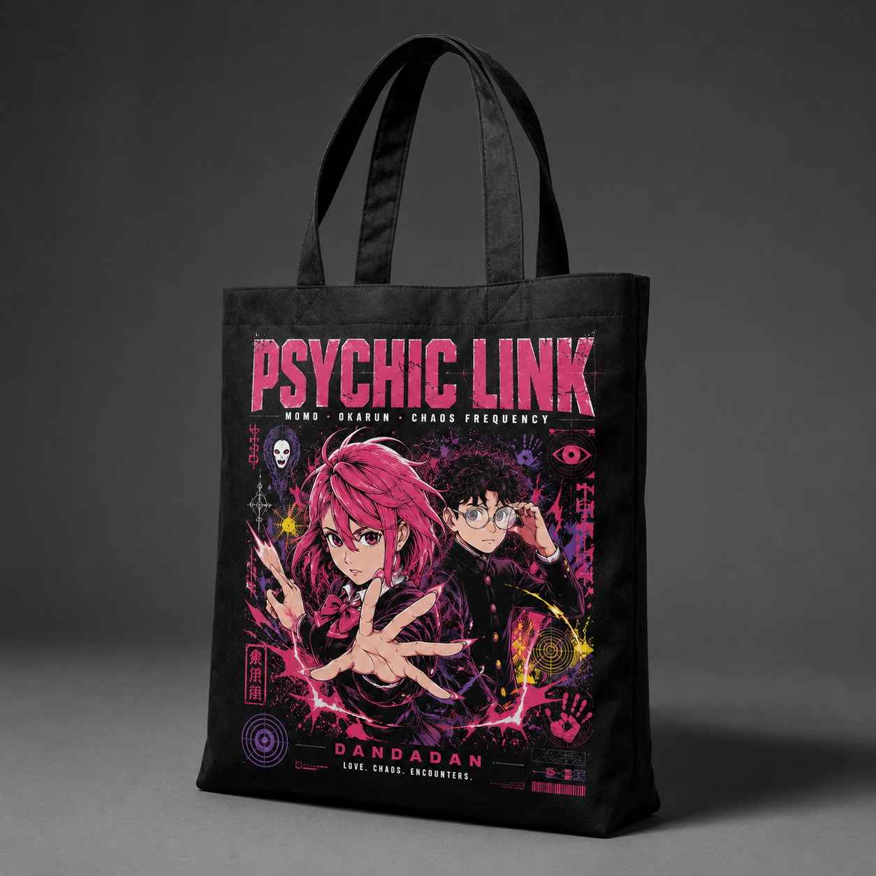 Black tote bag with Momo Ayase & Ken Takakura Dandadan Psychic Link graphic – photo 2