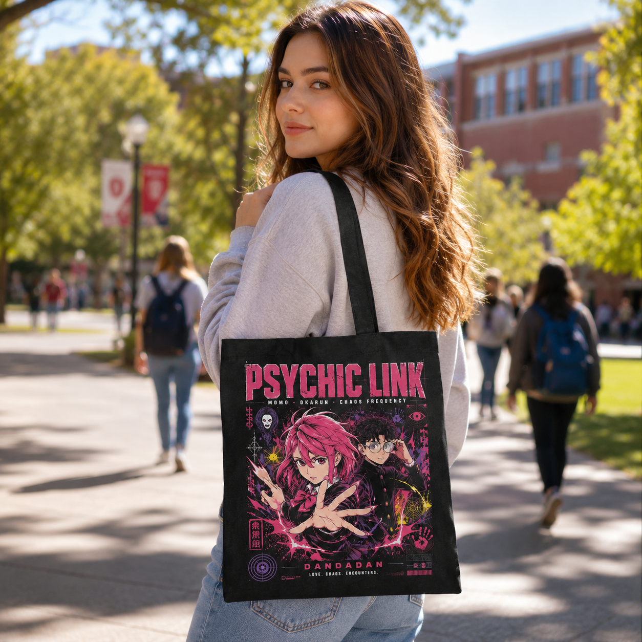 Black tote bag with Momo Ayase & Ken Takakura Dandadan Psychic Link graphic – photo 3